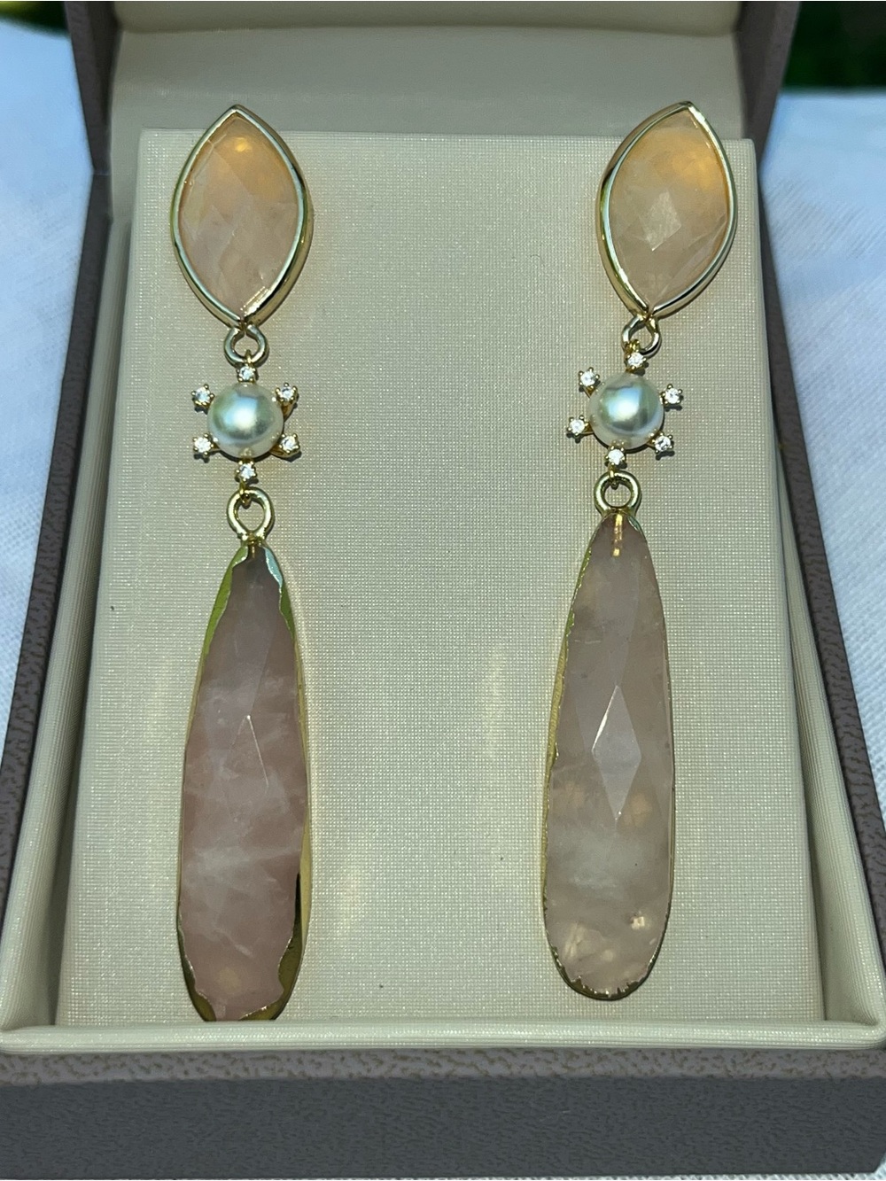 Anthropologie Gold-Tone Rose Quartz and Pearl Drop Earrings